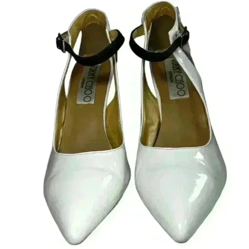 Jimmy Choo White Patent Leather w Black Ankle Strap Snakeskin Heel Pumps Size 39